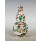 A Chinese porcelain famille verte double gourd form vase and cover, six character Kangxi mark but