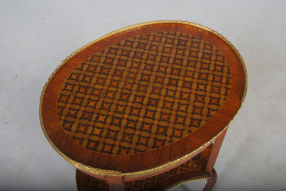 An early 20th century kingwood, parquetry inlaid and gilt metal mounted occasional table, the oval - Image 3 of 8