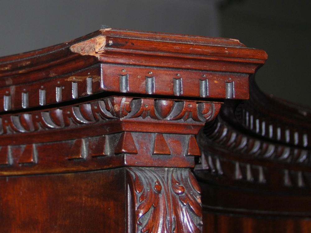 A George III style mahogany serpentine cupboard, the moulded cornice and dentil frieze above a - Image 3 of 4