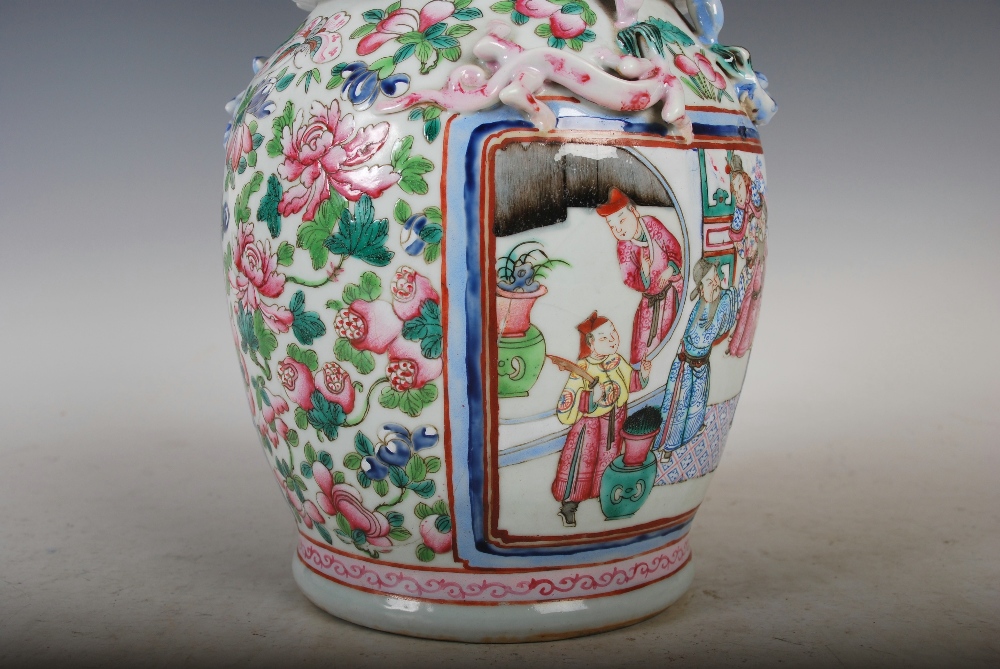 A Chinese porcelain famille rose vase, Qing Dynasty, decorated with panels of Court figures, the - Image 8 of 9
