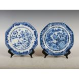Two Chinese porcelain blue and white octagonal-shaped plates, Qing Dynasty, one decorated with