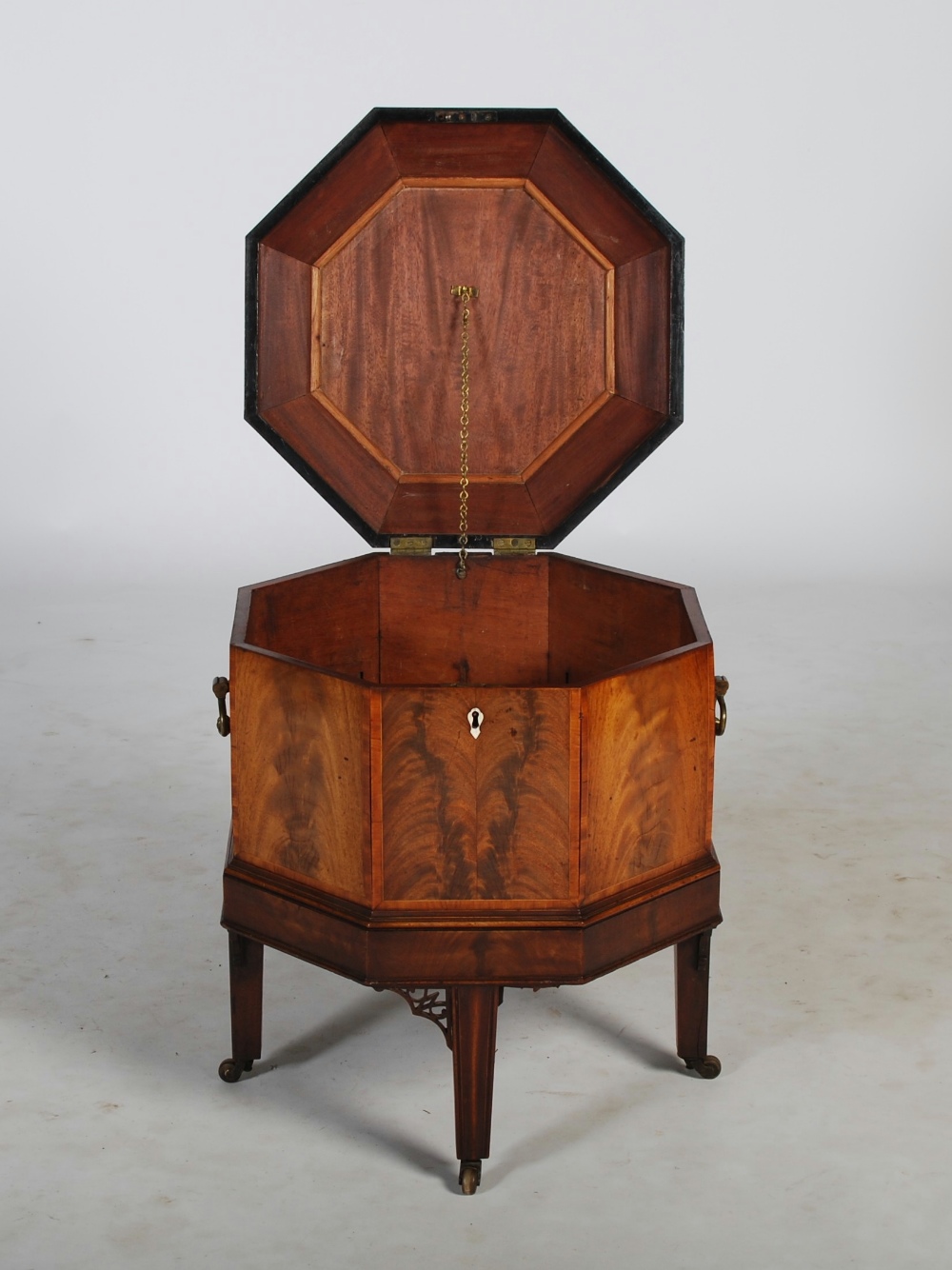 A 19th century mahogany and boxwood lined octagonal shaped wine cooler, the hinged top opening to - Image 2 of 7