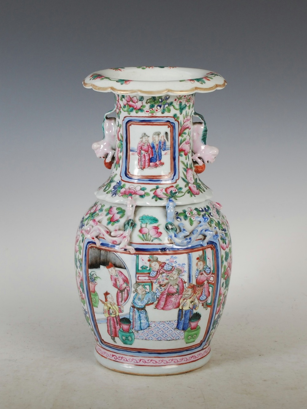 A Chinese porcelain famille rose vase, Qing Dynasty, decorated with panels of Court figures, the - Image 3 of 9