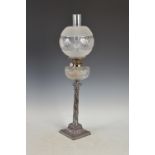 A Victorian electroplated Corinthian column oil lamp, with cut glass reservoir, frosted and cut