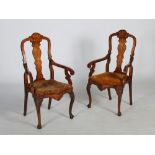 A pair of 18th/ 19th century Dutch mahogany and marquetry inlaid armchairs, the vase-shaped splats