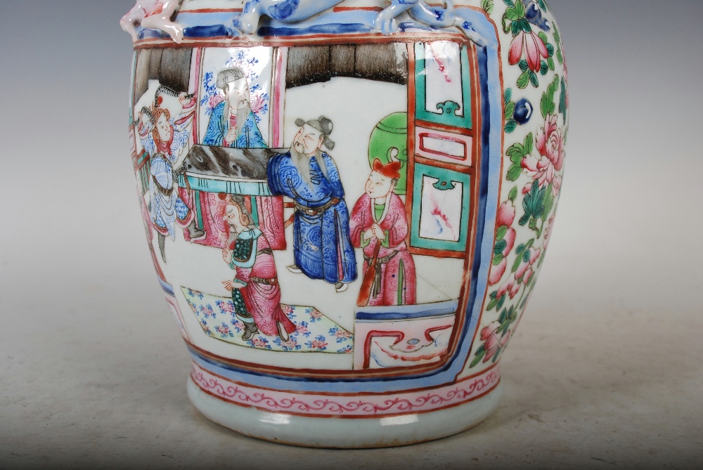A Chinese porcelain famille rose vase, Qing Dynasty, decorated with panels of Court figures, the - Image 7 of 9