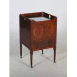 A 19th century mahogany and boxwood lined tray top commode, the pierced three quarter gallery