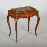 A Victorian walnut, marquetry and gilt metal mounted jardiniere stand and cover, the rectangular top