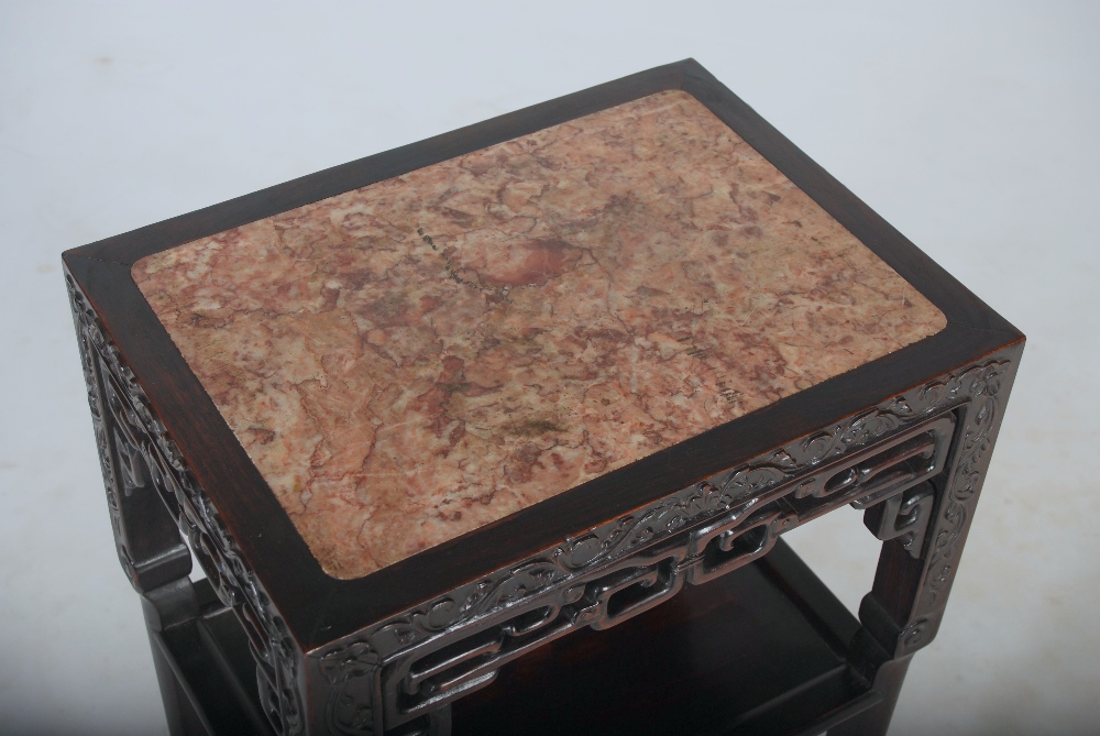 A Chinese dark wood jardiniere stand, Qing Dynasty, the rectangular top with a mottled red and white - Image 2 of 2