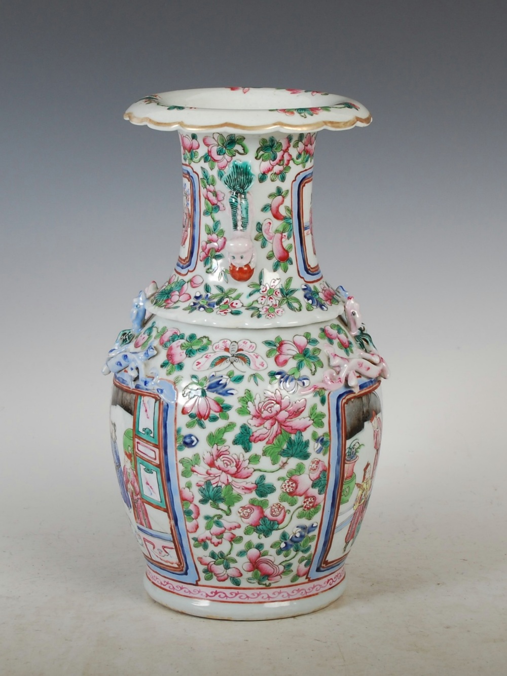 A Chinese porcelain famille rose vase, Qing Dynasty, decorated with panels of Court figures, the - Image 2 of 9