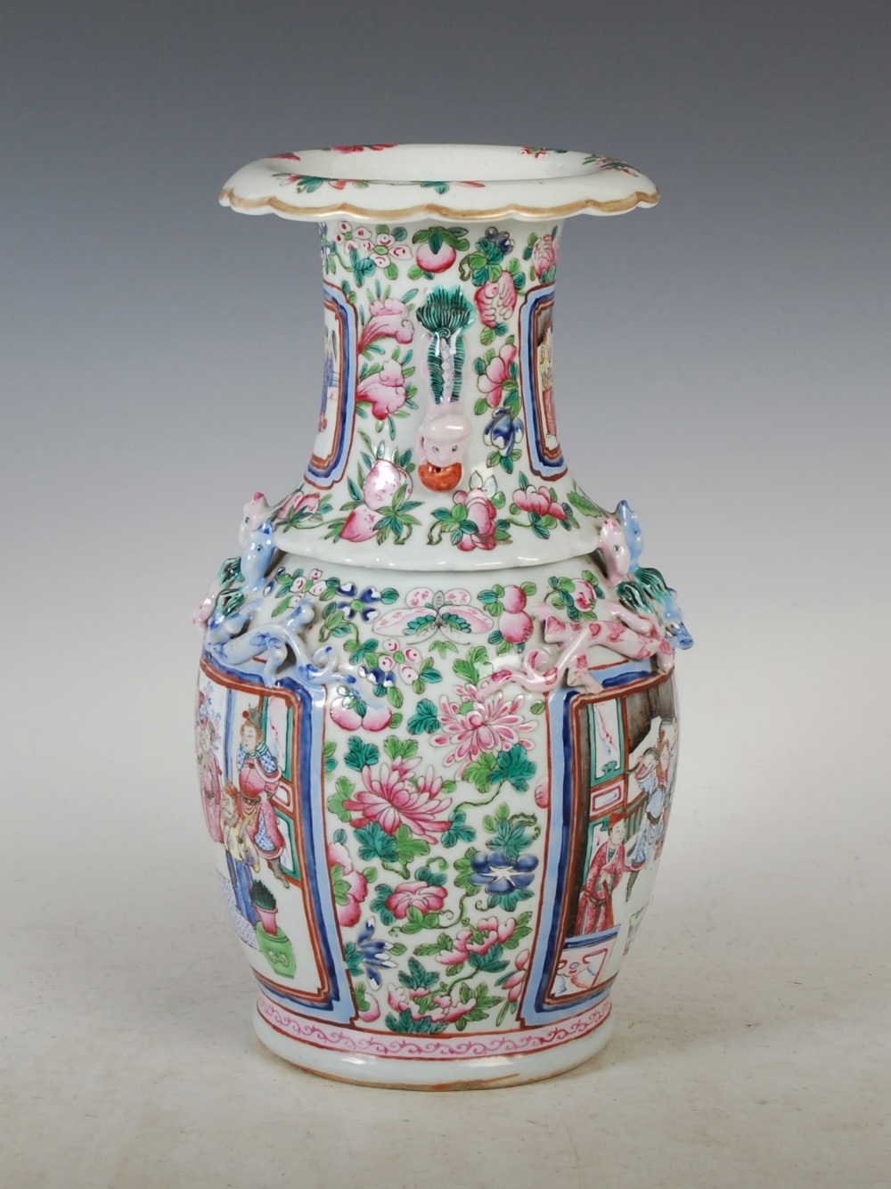 A Chinese porcelain famille rose vase, Qing Dynasty, decorated with panels of Court figures, the - Image 4 of 9