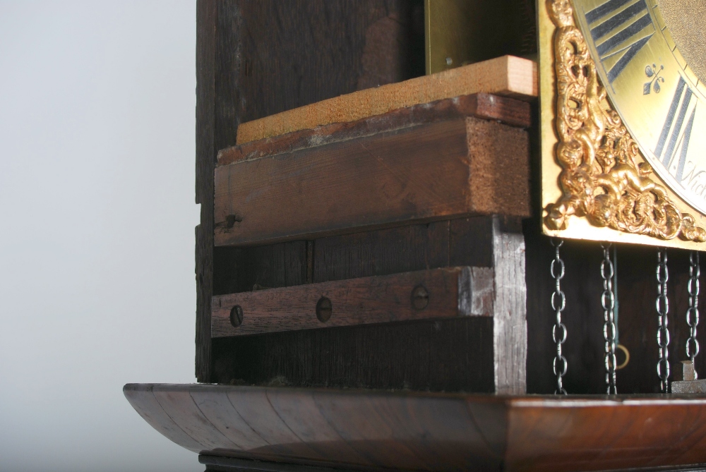 A 17th/ 18th century walnut, oyster veneered, marquetry inlaid and ebony lined longcase clock Nichs. - Image 7 of 10