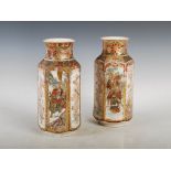 A pair of Japanese Satsuma pottery hexagonal shaped vases, Meiji Period, decorated with panels of