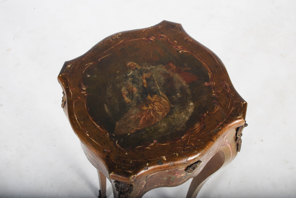 A late 19th/ early 20th century French painted occasional table, the hinged top decorated with - Image 3 of 7