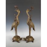 A pair of Japanese bronze crane and tortoise candle stands, the cranes standing on the backs of