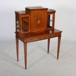 An Edwardian mahogany, satinwood and marquetry bonheur-de-jour, the upright back with a pierced