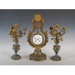 An early 20th century French gilt metal, grey alabaster and paste set clock garniture Tiffany & Co.,