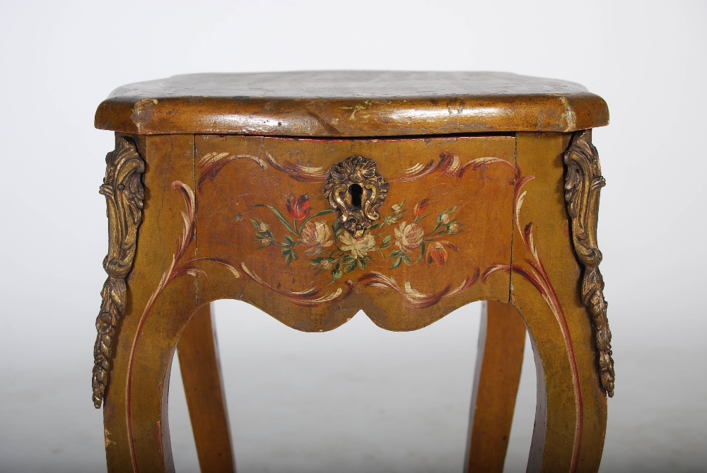 A late 19th/ early 20th century French painted occasional table, the hinged top decorated with - Image 4 of 7