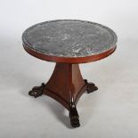 A 19th century Empire style mahogany and marble centre table, the mottled grey and white marble