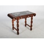 A Chinese dark wood and marble topped altar table, late 19th/ early 20th century, the rectangular