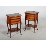 A pair of late 19th/ early 20th century French rosewood, marquetry, gilt metal mounted and marble