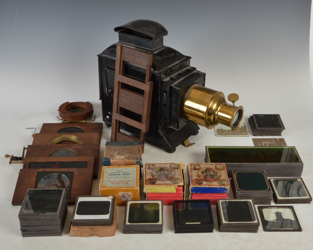 A 19th century magic lantern and assorted slides, to include; boxed Jack The Giant Killer, boxed