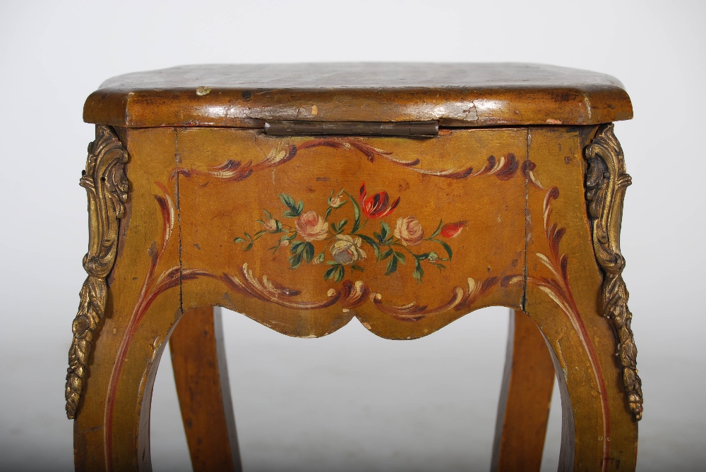 A late 19th/ early 20th century French painted occasional table, the hinged top decorated with - Image 6 of 7