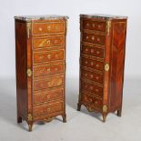 A pair of late 19th/ early 20th century tulipwood, parquetry and gilt metal mounted marble top