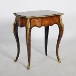 A French Louis XV style rosewood, coloured marquetry and gilt metal mounted work table, the hinged