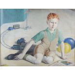 Agnes L. Reid (b.1902) Portrait of a boy with book, balloons and train set oil on canvas, signed