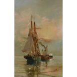 William Wilson (fl.1884-1892) Sailing boat and Puffer at sunset oil on canvas, signed lower left