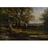 James Gustavus H. Spindler (1862-1916) Woodland landscape with figures and burn oil on board, signed