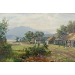 William Scott Myles (fl.1850-1911) Highland landscape with cottages, figure and chickens oil on