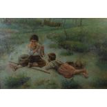 P. Chandler (20th century) Boy playing flute with attendant in summer woodland oil on canvas, signed