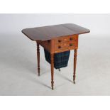 A Regency mahogany and brass lined work table, the rounded rectangular top with twin drop leaves and