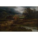 W. Richardson (19th century) Country landscape with cottages, figures and cattle oil on canvas,