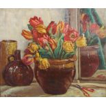 Ethel L. Rawlins (20th century fl.1900-1940) Still life with terracotta flower pot and tulips oil on