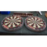 2 dart boards and mahogany wall mounted snooker cue stand