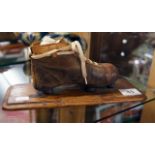 1920's leather miniature football boot on oak plaque