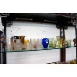 Collection of coloured & crackle glass (whole shelf)