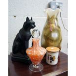 Collectables to include Royal Worcester, slate cats, perfume bottle & large glass vase