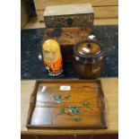 2 wooden jewellery boxes, small oak tea caddy, Russian doll and hand painted tray