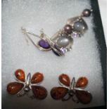 3 pairs of silver and stone set earrings