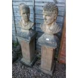 2 Roman themed stone busts on plinths