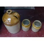 Large stoneware flagon & 2 smaller pots