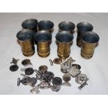 Set of 8 trench art shot measures and various military badges etc