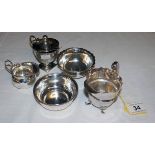 2 small silver jugs, silver mustard pot with liner & 2 silver pots