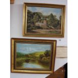 Oil on canvas - River scene by David Crane BA & Oil on board - Church