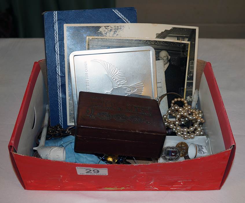 Box of collectables to include jewellery, badges etc