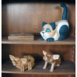 3 wooden animal figures and carved cigarette box